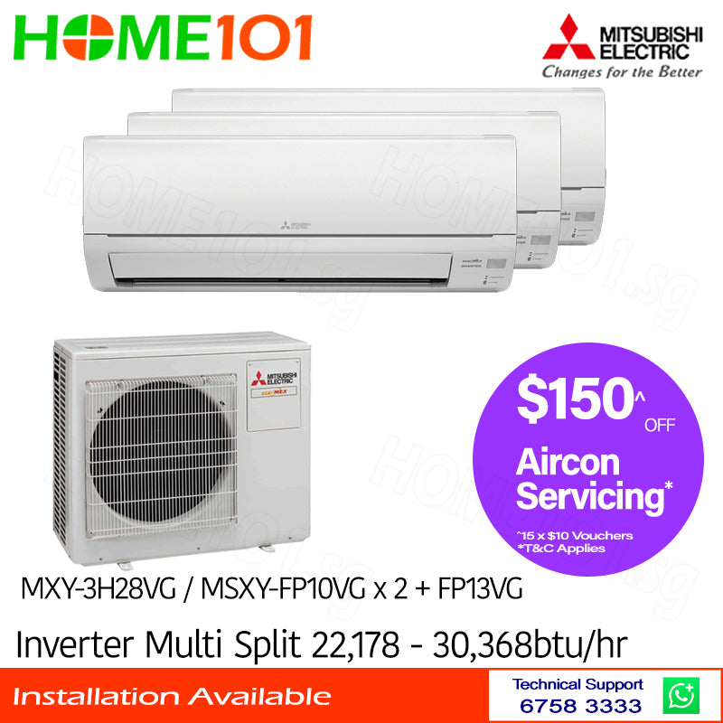 Mitsubishi StarMex Multi-Split AirCon MXY-3H28VG/MSXY-FP10VG x 2 + FP13VG - CLIMATE VOUCHER ELIGIBLE