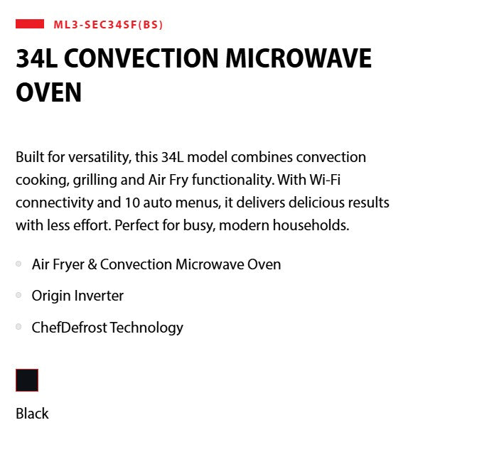 Toshiba Convection Microwave Oven with Grill 34L ML3-SEC34SF(BK)