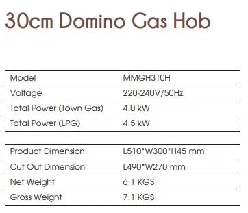 Mayer Domino Gas Hob 1 Burner MMGH310H - LPG / PUB