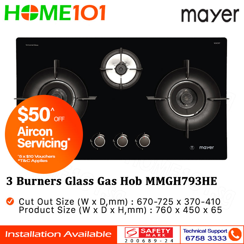Mayer 3 Burners Glass Gas Hob MMGH793HE - LPG / PUB