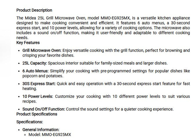 Midea Grill Microwave Oven 25L MMO-EG925MX