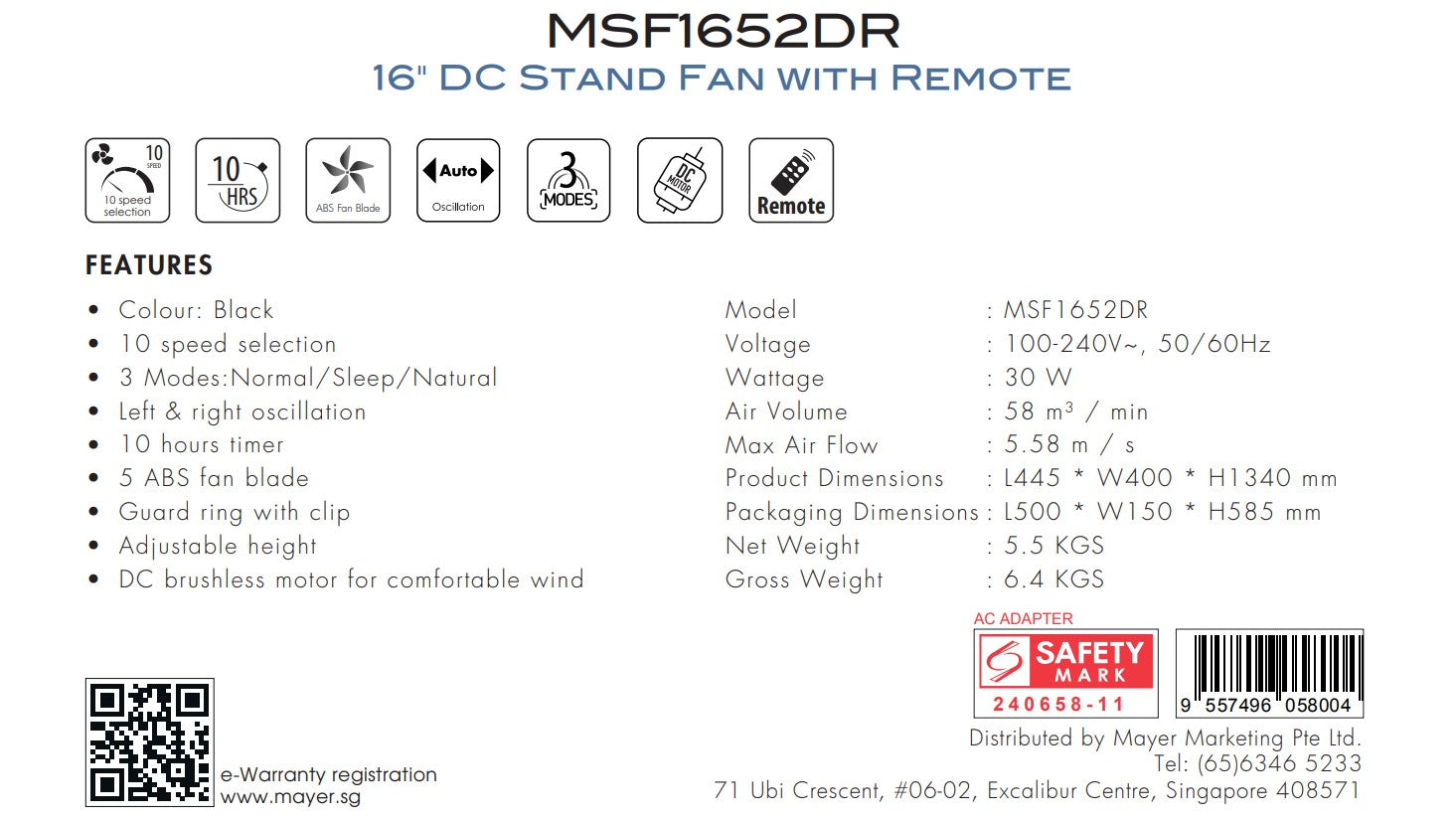 Mistral DC Stand Fan with Remote 16" MSF1652DR