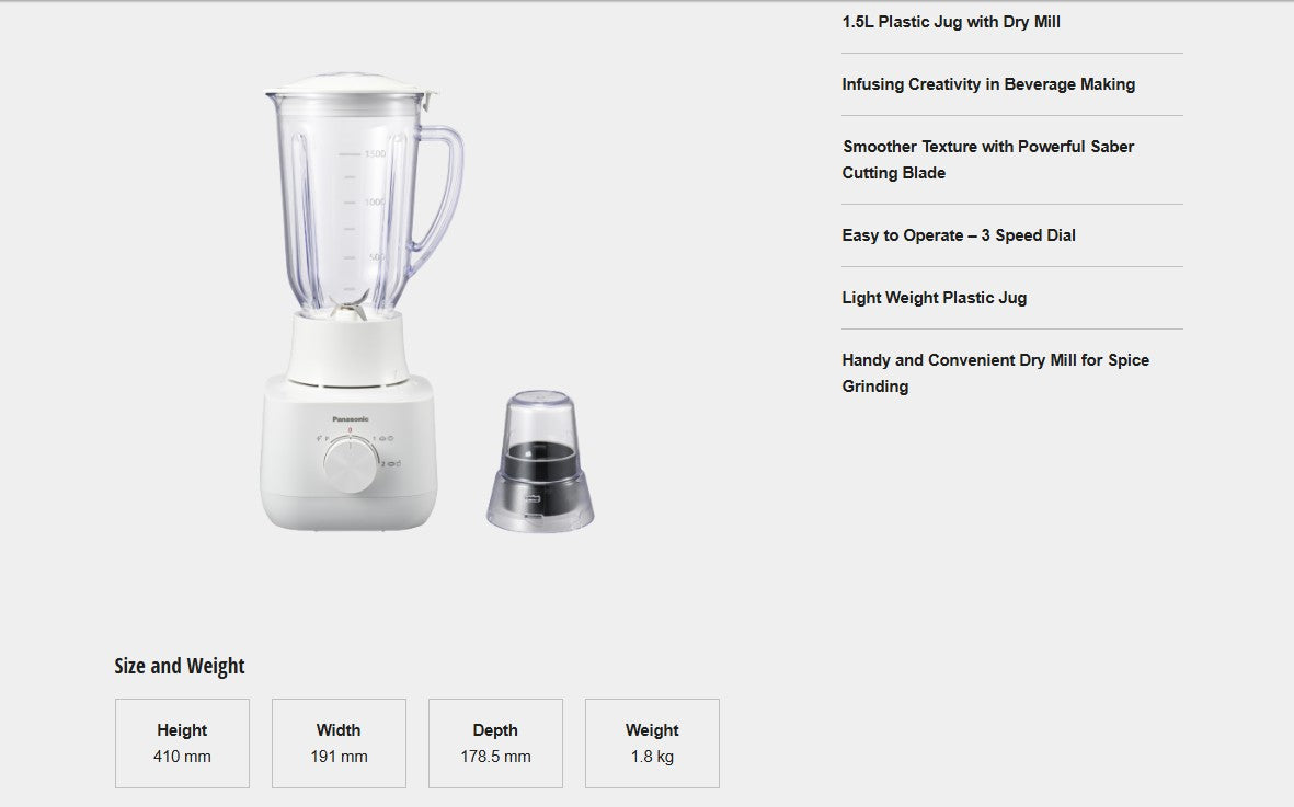 Panasonic Plastic Jug Blender Mill 1.5L MX-EP5111WSP || MX-EP5111