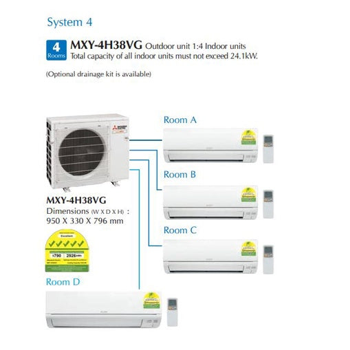 Mitsubishi StarMex Multi-Split AirCon MXY-4H38VG/MSXY-FP10VG x 3 + FP18VG - CLIMATE VOUCHER ELIGIBLE