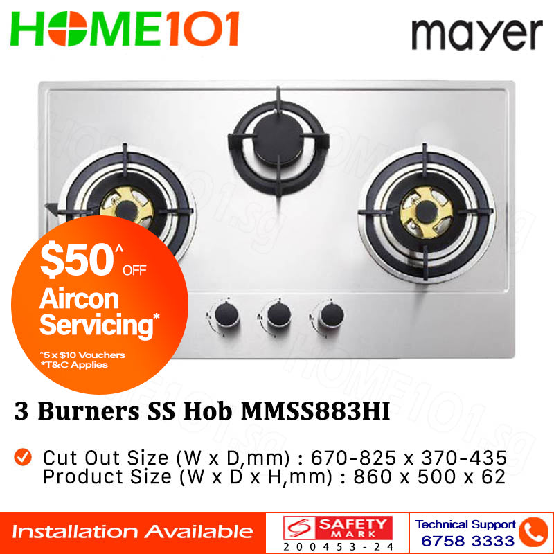 Mayer Stainless Steel Hob 3 Burner MMSS883HI - LPG / PUB