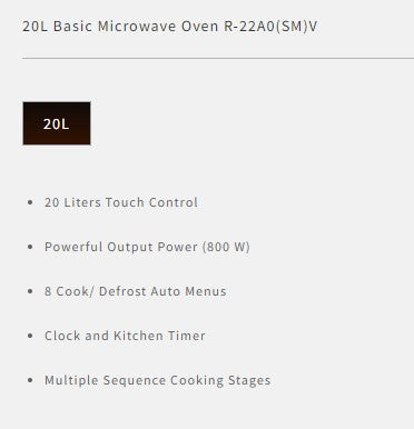 Sharp Microwave Oven 20L R-22A0(SM)V - PRE-ORDER (ETA MID AUG)