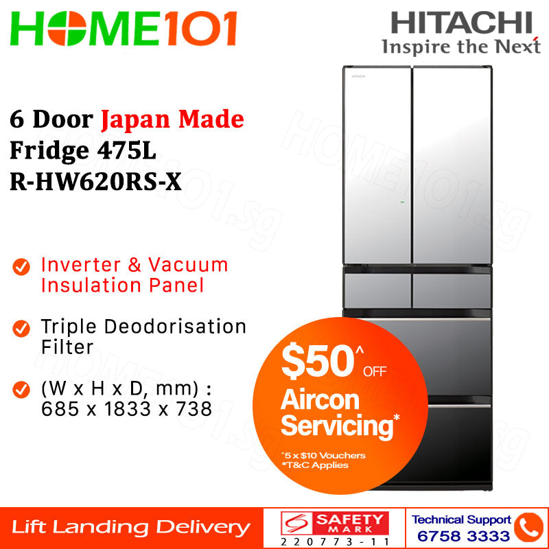 Hitachi 6 Door Japan Made Fridge 475L R-HW620RS