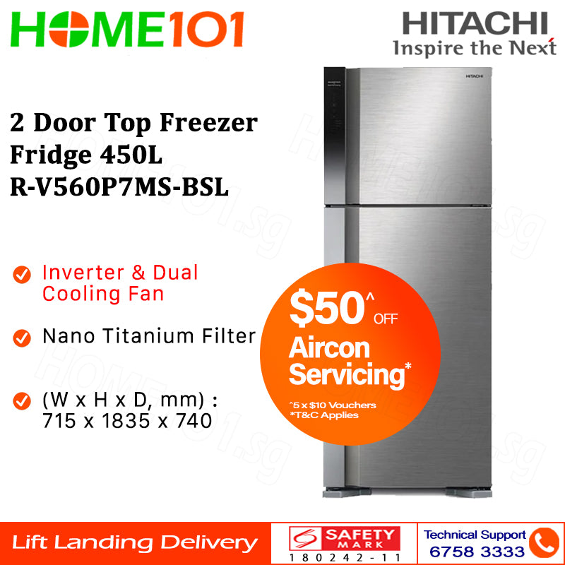Hitachi 2 Door Top Freezer Fridge 450L R-V560P7MS
