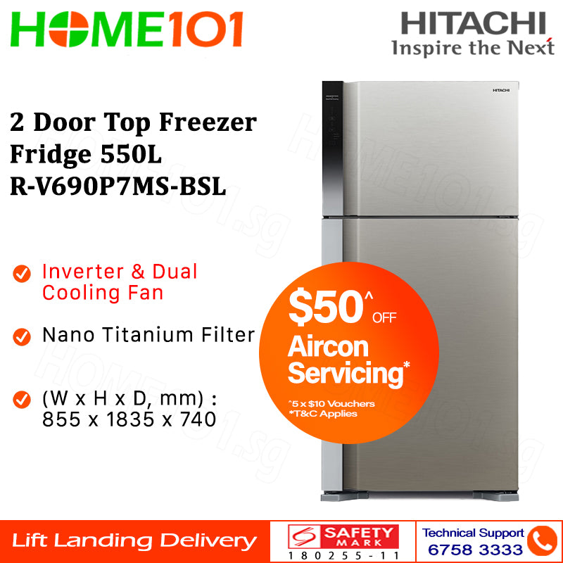 Hitachi 2 Door Top Freezer Fridge 550L R-V690P7MS