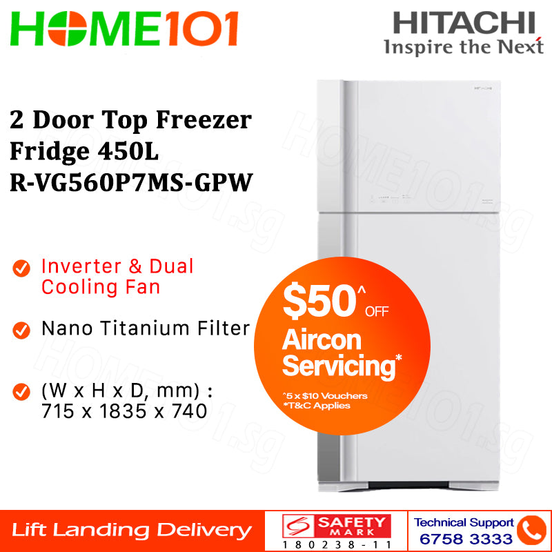 Hitachi 2 Door Top Freezer Fridge 450L R-VG560P7MS