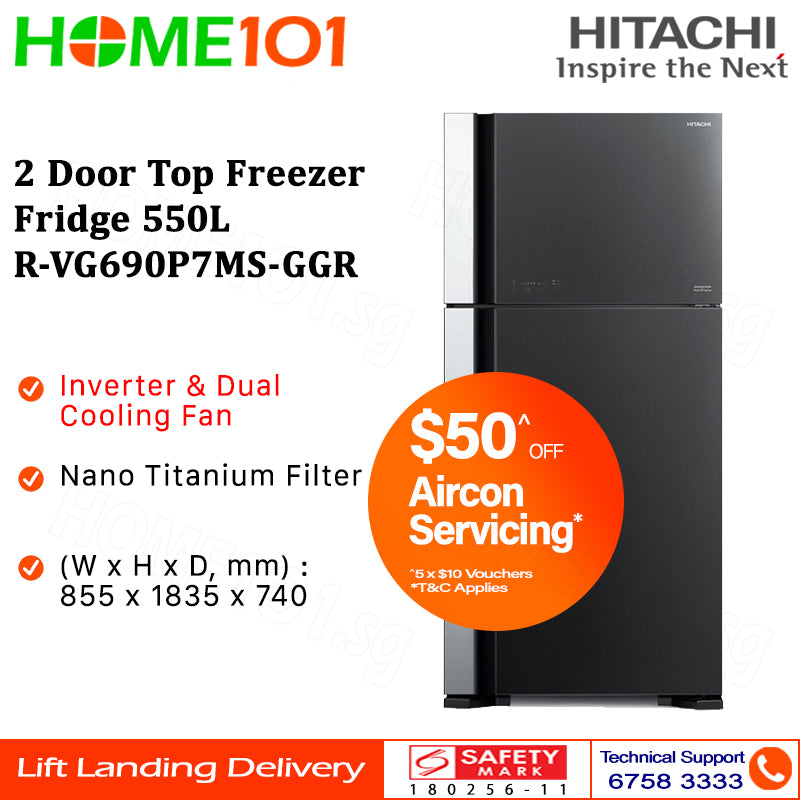 Hitachi 2 Door Top Freezer Fridge 550L R-VG690P7MS
