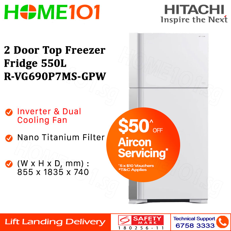 Hitachi 2 Door Top Freezer Fridge 550L R-VG690P7MS