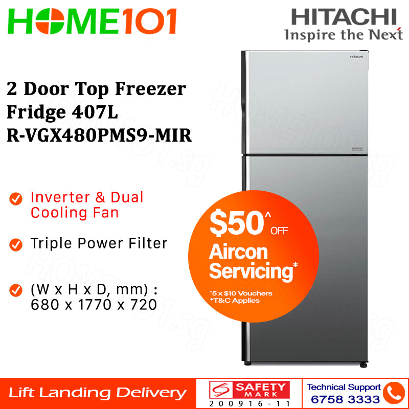 Hitachi 2 Door Top Freezer Fridge 407L R-VGX480PMS9