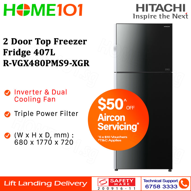 Hitachi 2 Door Top Freezer Fridge 407L R-VGX480PMS9