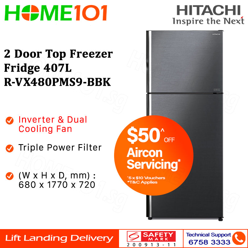 Hitachi 2 Door Top Freezer Fridge 407L R-VX480PMS9