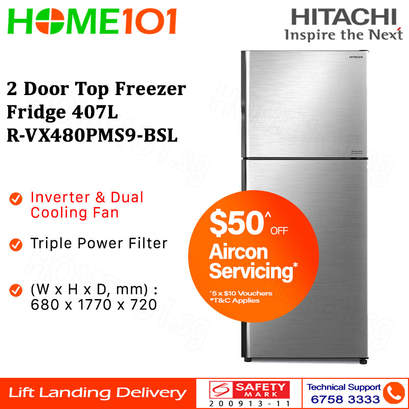 Hitachi 2 Door Top Freezer Fridge 407L R-VX480PMS9