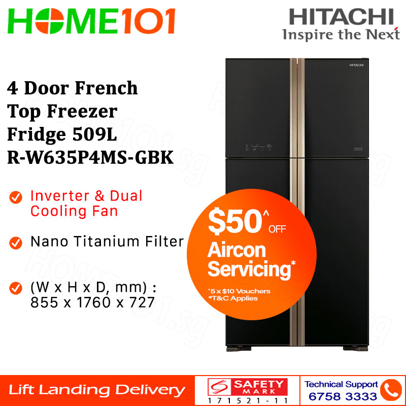 Hitachi 4 Door French Top Freezer Fridge 509L R-W635P4MS - GBK