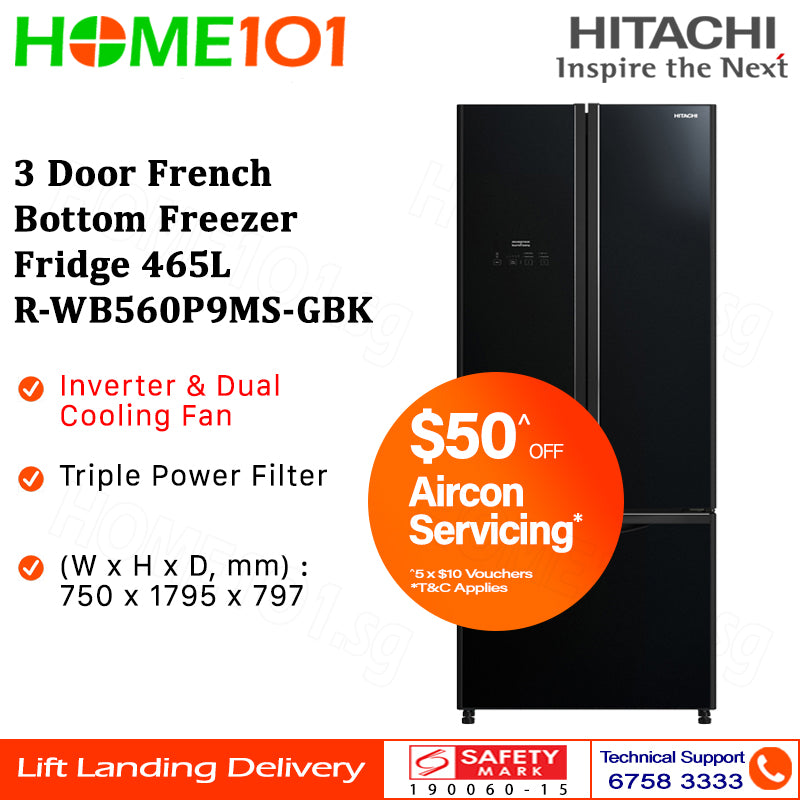 Hitachi 3 Door French Bottom Freezer Fridge 465L R-WB560P9M