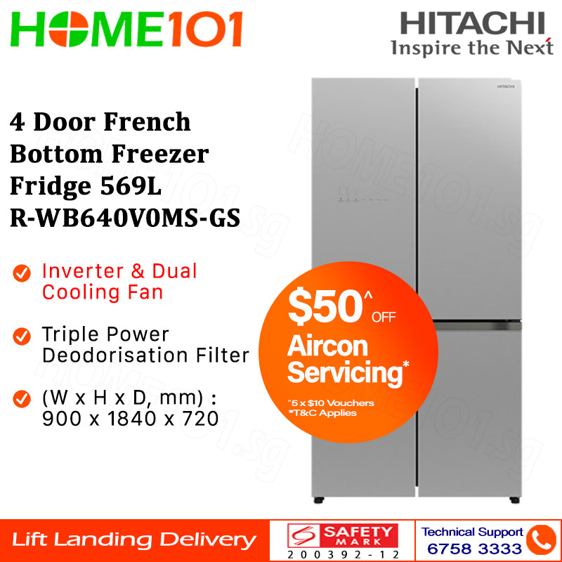 Hitachi 4 Door French Bottom Freezer Fridge 569L R-WB640V0MS