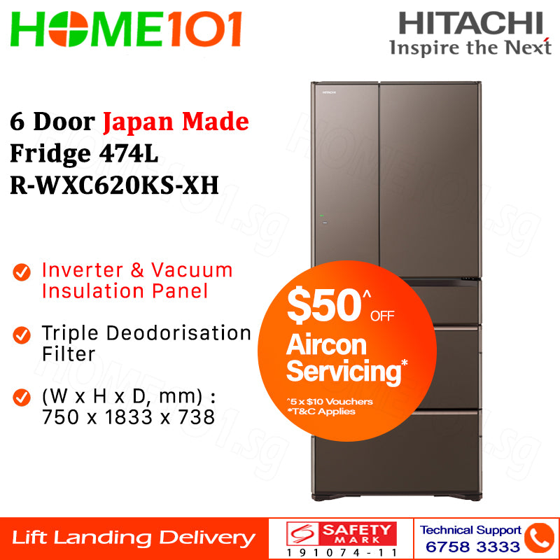 Hitachi 6 Door Japan Made Fridge 474L R-WXC620KS