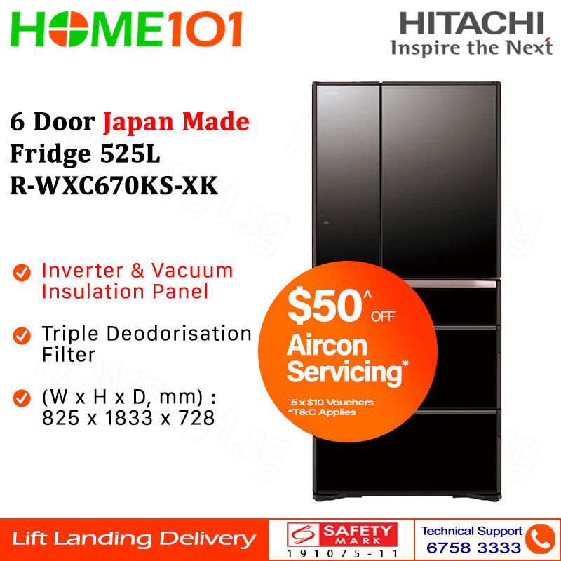 Hitachi 6 Door Japan Made Fridge 525L R-WXC670KS