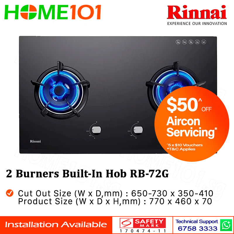 Rinnai Built-In Hob Schott Glass 2 Burners RB-72G - LPG
