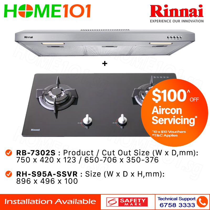 Rinnai Slimline Hood 90cm RH-S95A-SSVR & Built-In Hob RB-7302S-GBS - LPG / PUB