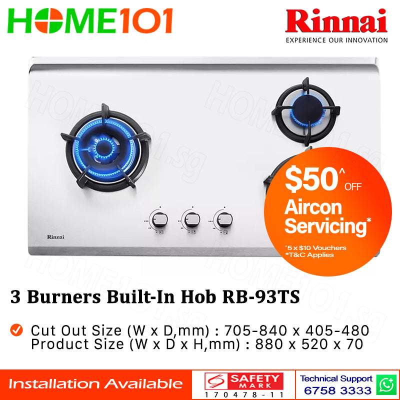 Rinnai Built-In Hob Stainless Steel 3 Burners RB-93TS - LPG