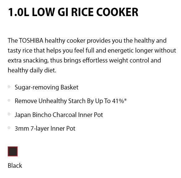 Toshiba Low GI Rice Cooker 1.0L RC-10IRPS