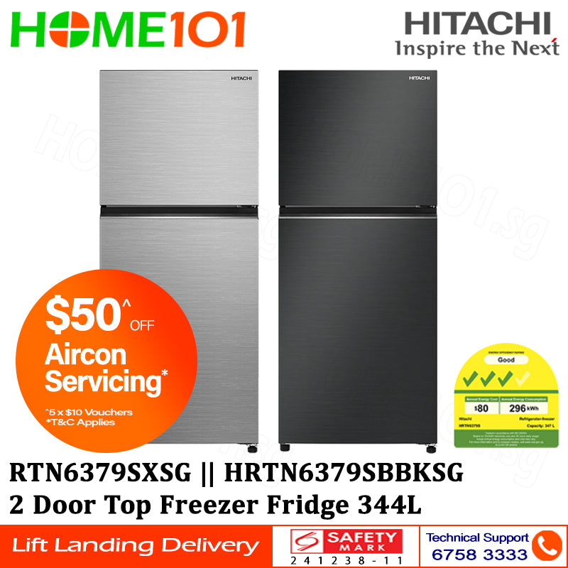 Hitachi 2 Door Top Freezer Fridge 344L RTN6379S - HRTN6379SBBKSG || HRTN6379SXSG