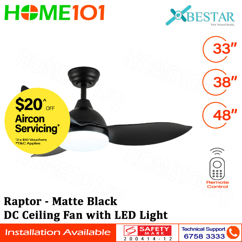 Bestar DC Motor Ceiling Fan with Remote Control & Light 33”/38"/48" Raptor