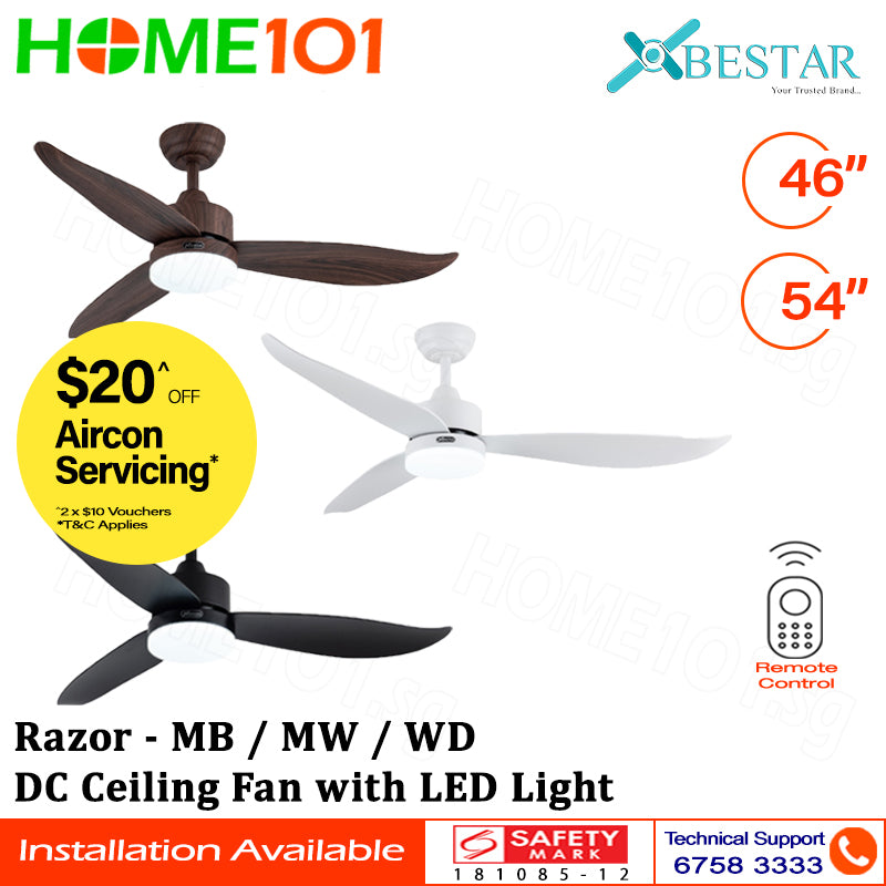 Bestar DC Motor Ceiling Fan with Remote Control & Light 46"/54” Razor