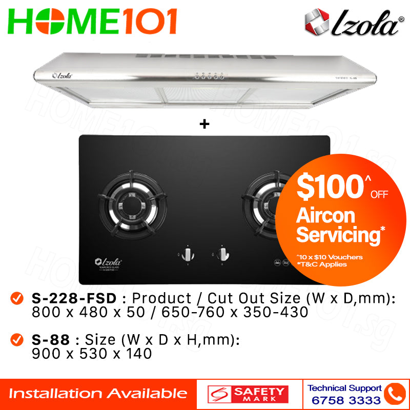 Izola Range Hood 90cm S-88 & Built-In Hob S-228 - LPG / PUB