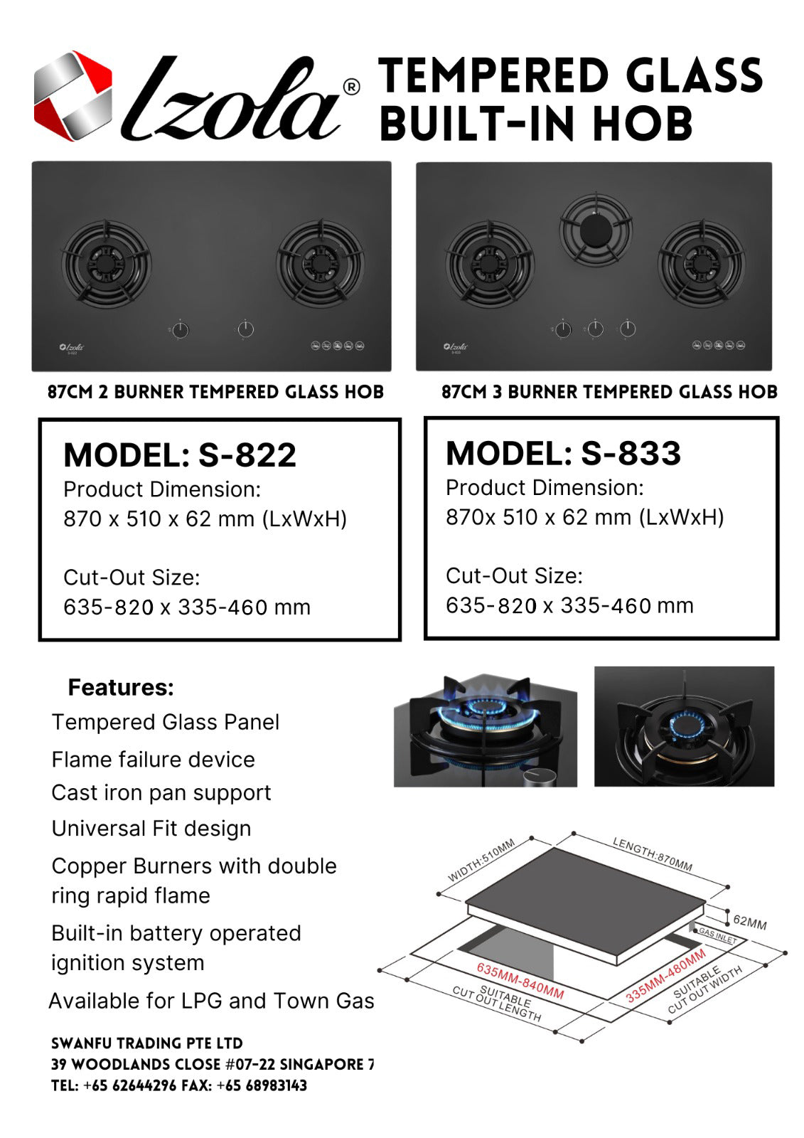 Izola Tempered Glass Built-In Hob 2 Burners S-822 - LPG / PUB - FREE INSTALLATION