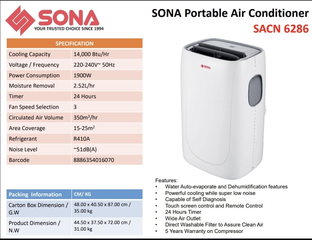 Sona Portable Aircon 14000BTU SACN 6286