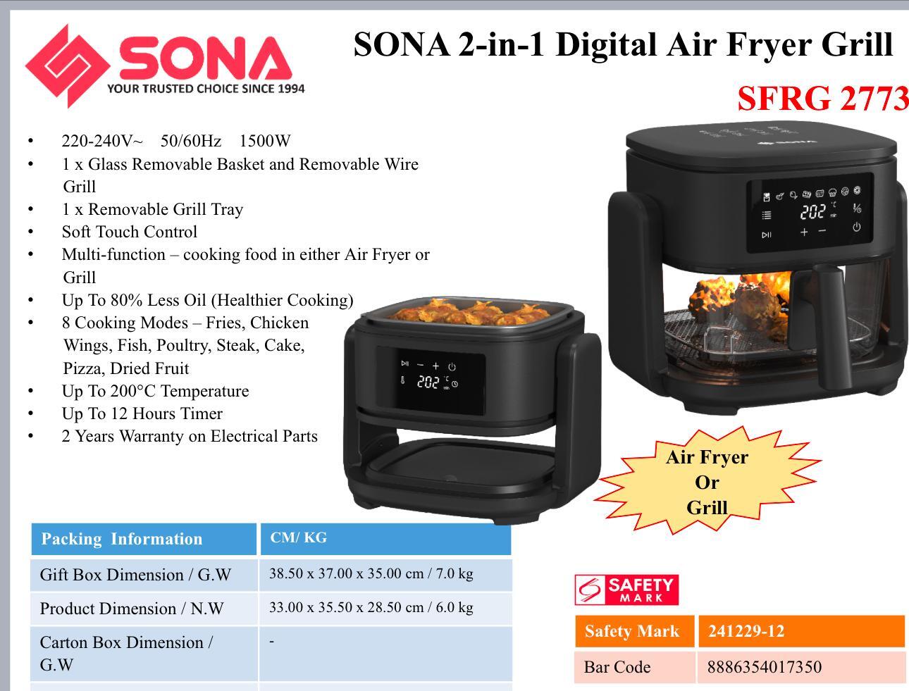 Sona 2in1 Digital Air Fryer Grill 1500W SFRG 2773