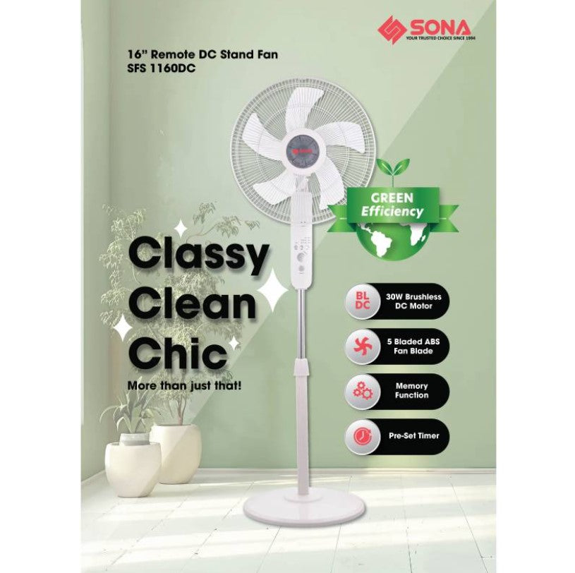 PRE-ORDER (ETA END FEB) Sona DC Stand Fan with Remote 16" SFS 1160DC