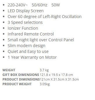 Sona Slim Tower Fan With Remote Control 50w 46Inch SFT 1719