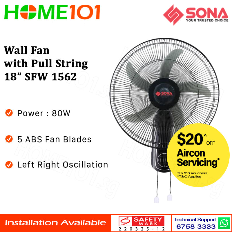 Sona Wall Fan with Pull String 18" SFW 1562