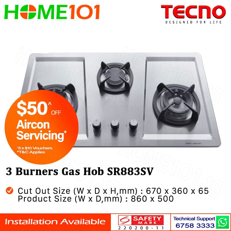 Tecno Stainless Steel Cooker Gas Hob 3 Burners SR 883SV I SR883SV - LPG / PUB - FREE INSTALLATION
