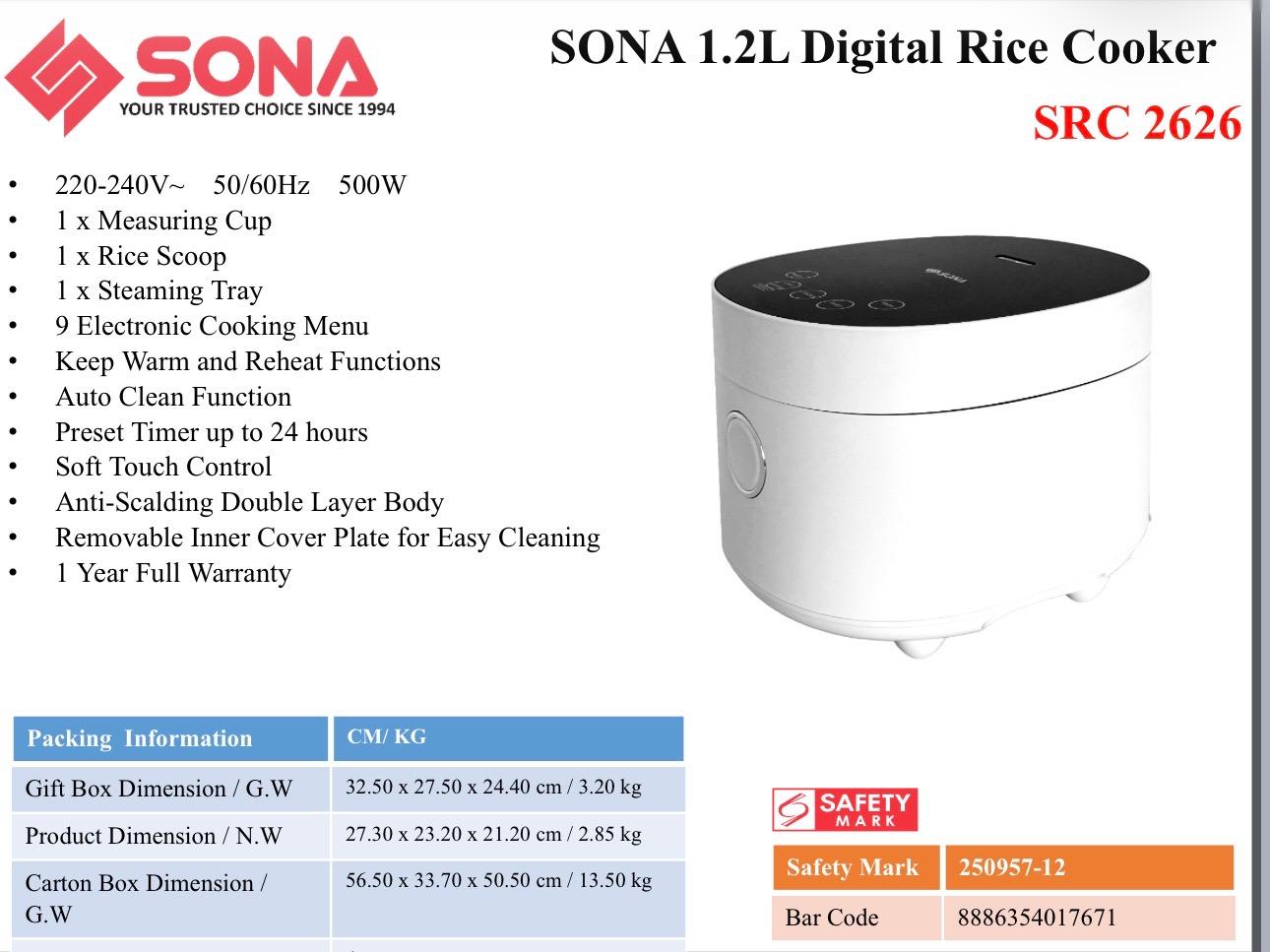 Sona Digital Rice Cooker 1.2L SRC 2626