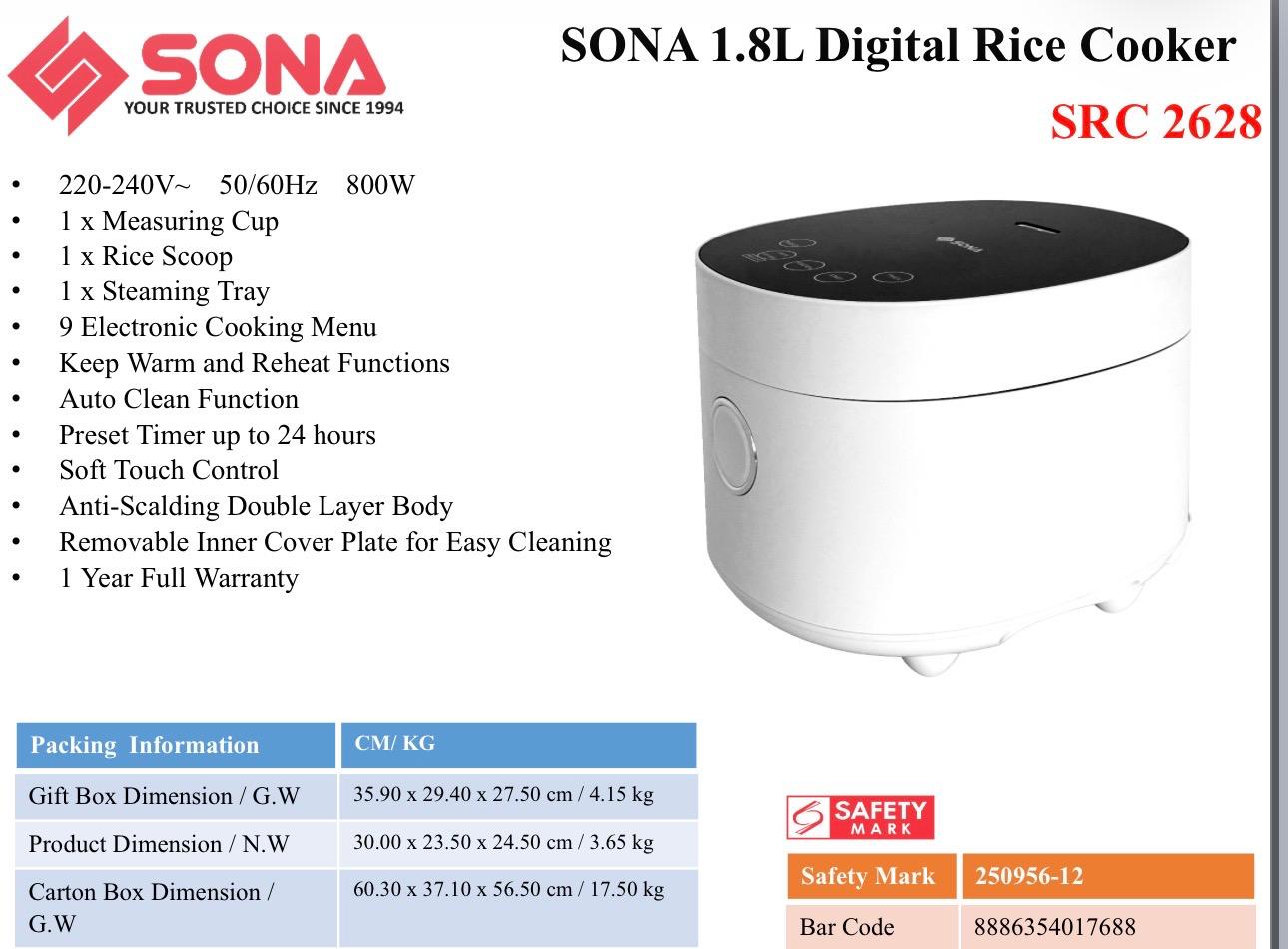 Sona Digital Rice Cooker 1.8L SRC 2628