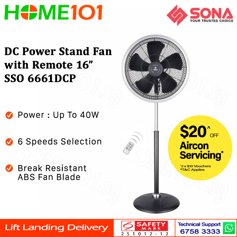 Sona DC Power Stand Fan with Remote 16" SSO 6661DCP