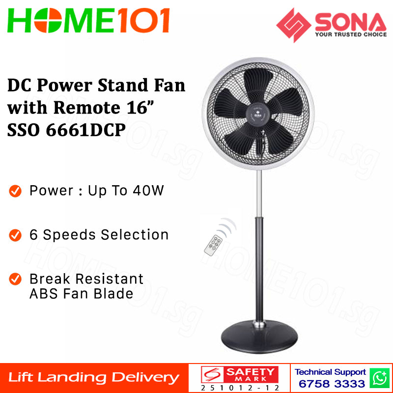 Sona DC Power Stand Fan with Remote 16" SSO 6661DCP