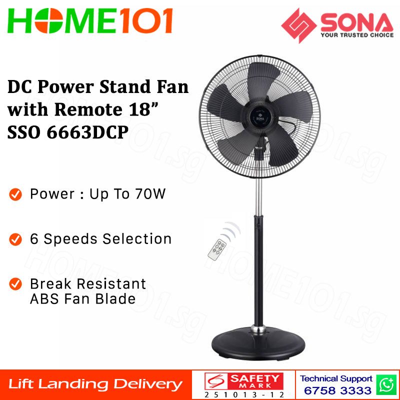 Sona DC Power Stand Fan with Remote 18" SSO 6663DCP