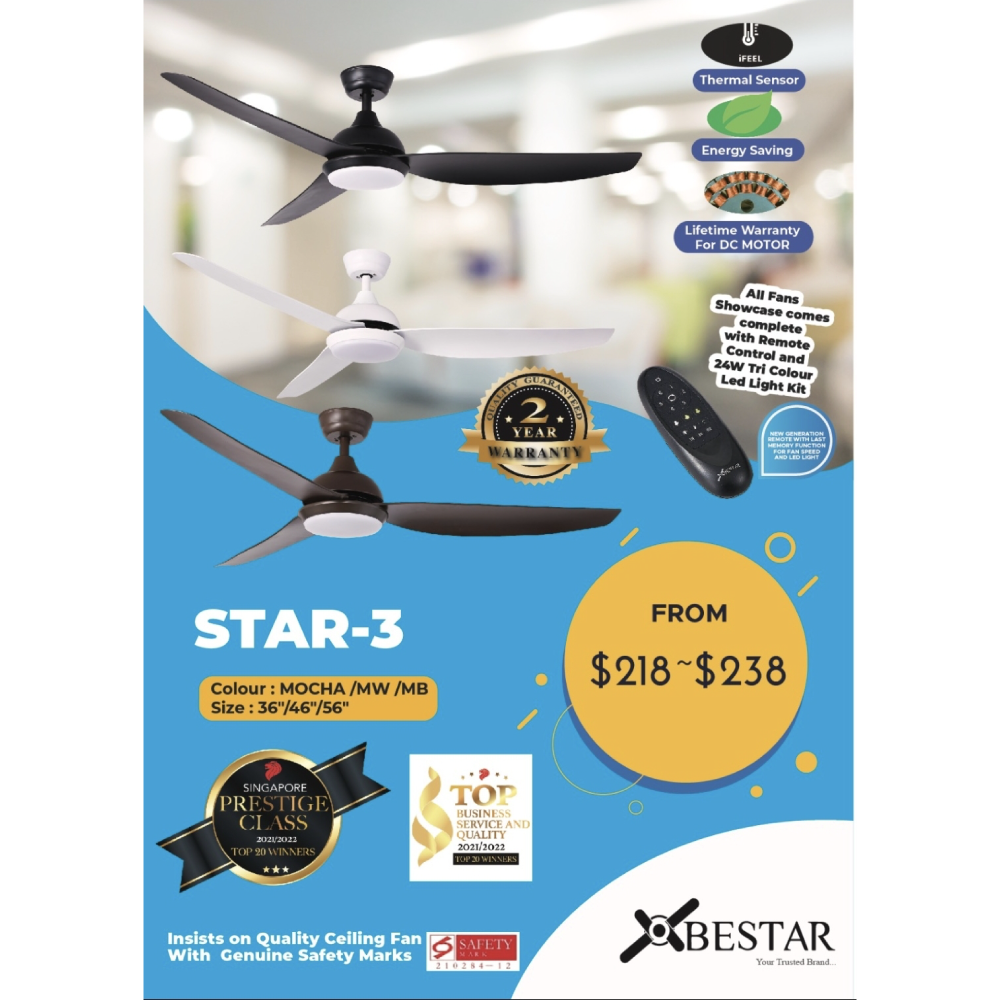 ($1 REPLACEMENT) Bestar DC Motor Ceiling Fan with Remote Control & Light 36”/46”/56” Star-3