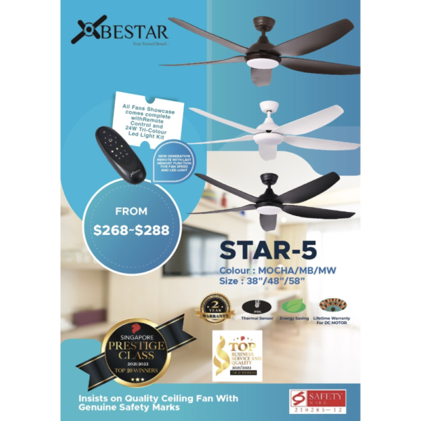 ($1 REPLACEMENT) Bestar DC Motor Ceiling Fan with Remote Control, Light & WiFi 38”/48”/58” Star-5