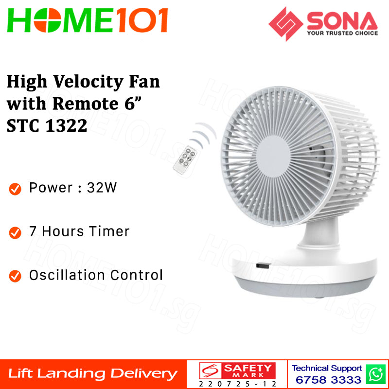 Sona High Velocity Fan with Remote 6 Inch STC 1322