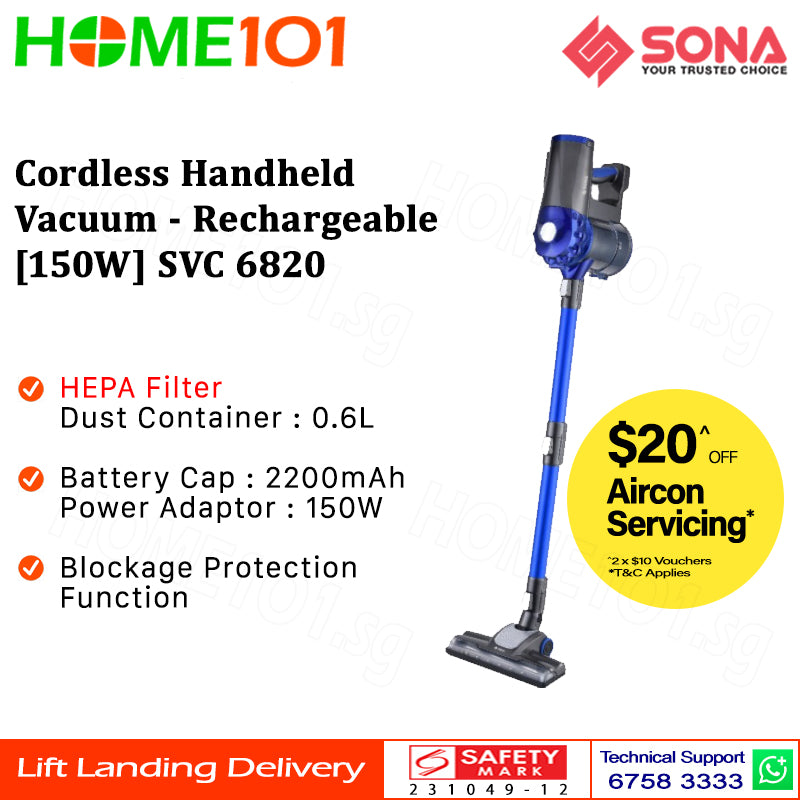 Sona Cordless Handheld Vacuum Cleaner - Rechargeable [150W] SVC 6820