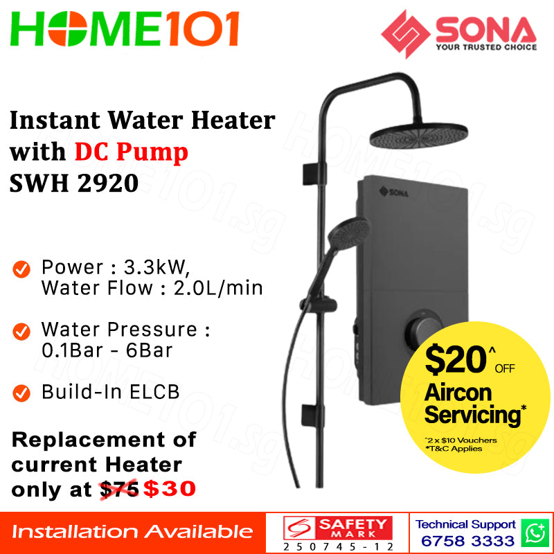 Sona Instant Water Heater with DC Pump SWH 2920